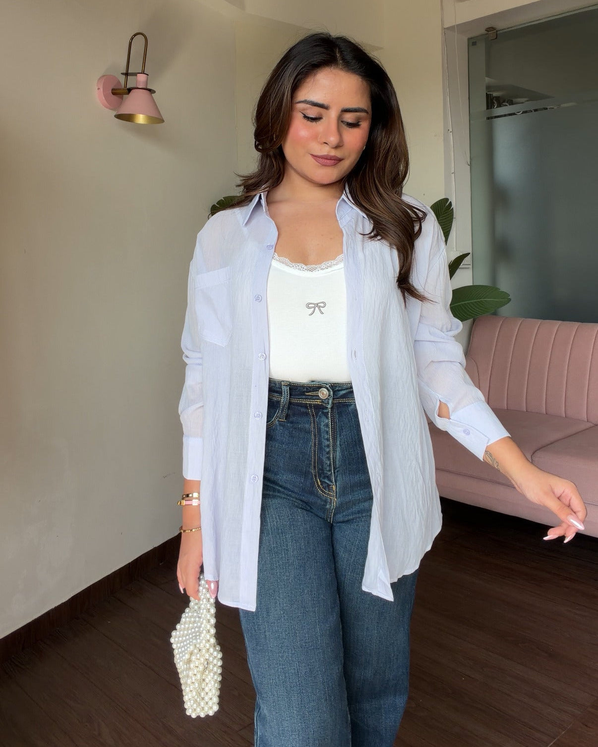 Cotton Solid Shirt With Bow Detailing Cami Top