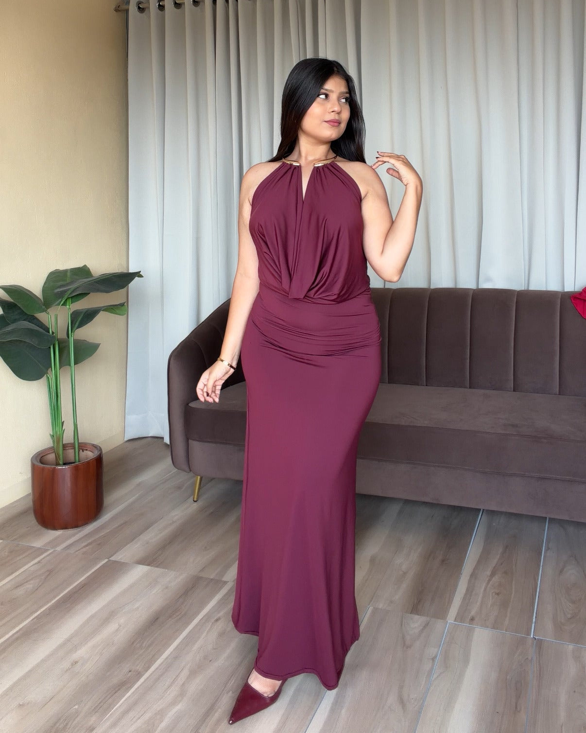 Cowl Neck Golden Necklace Detailing Midi Dress