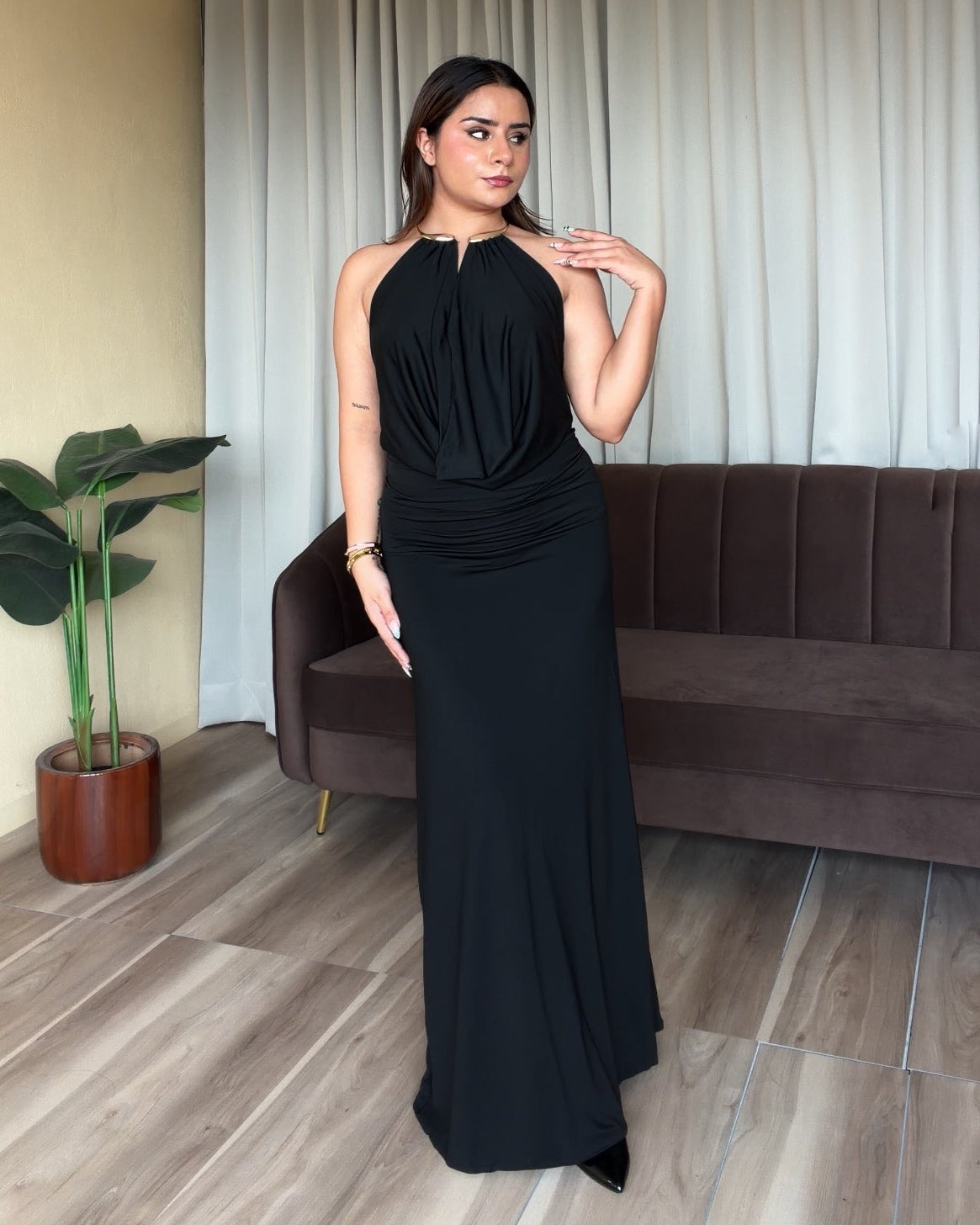 Cowl Neck Golden Necklace Detailing Midi Dress