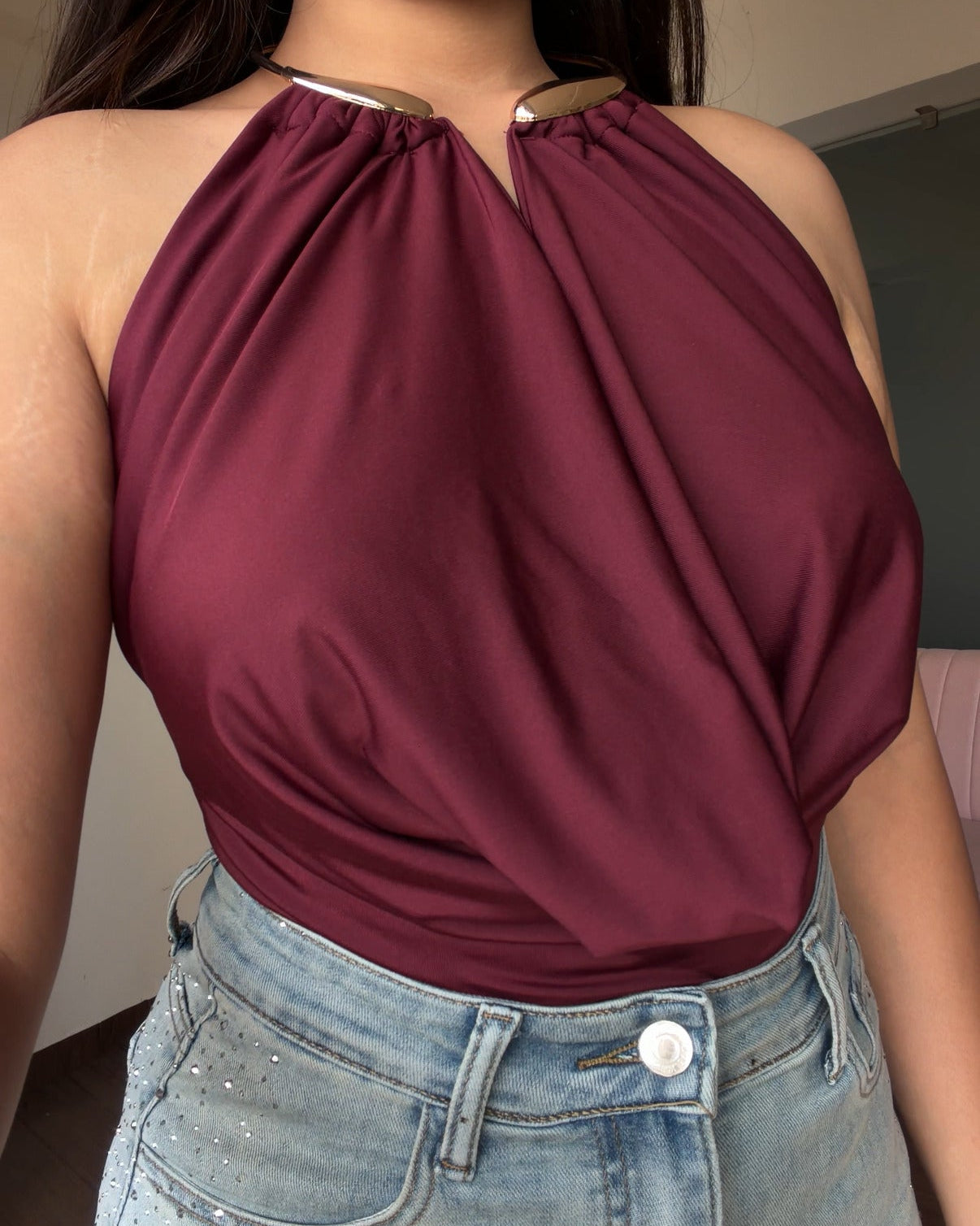 Cowl Neck Golden Necklace Detailing Top