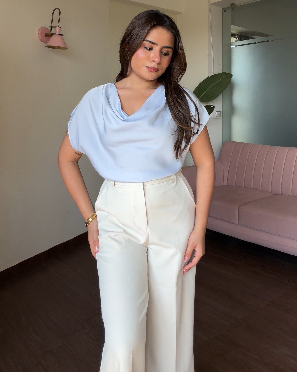 Cowl Neck Satin Solid Top