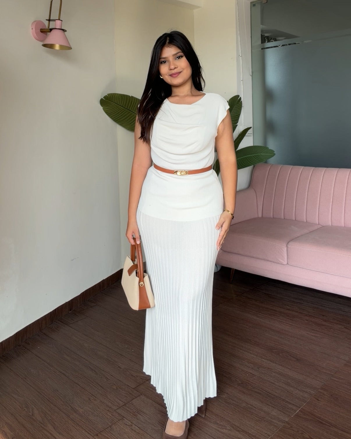 Cowl Neck Top And Pleated Midi Skirt Co-ord Set