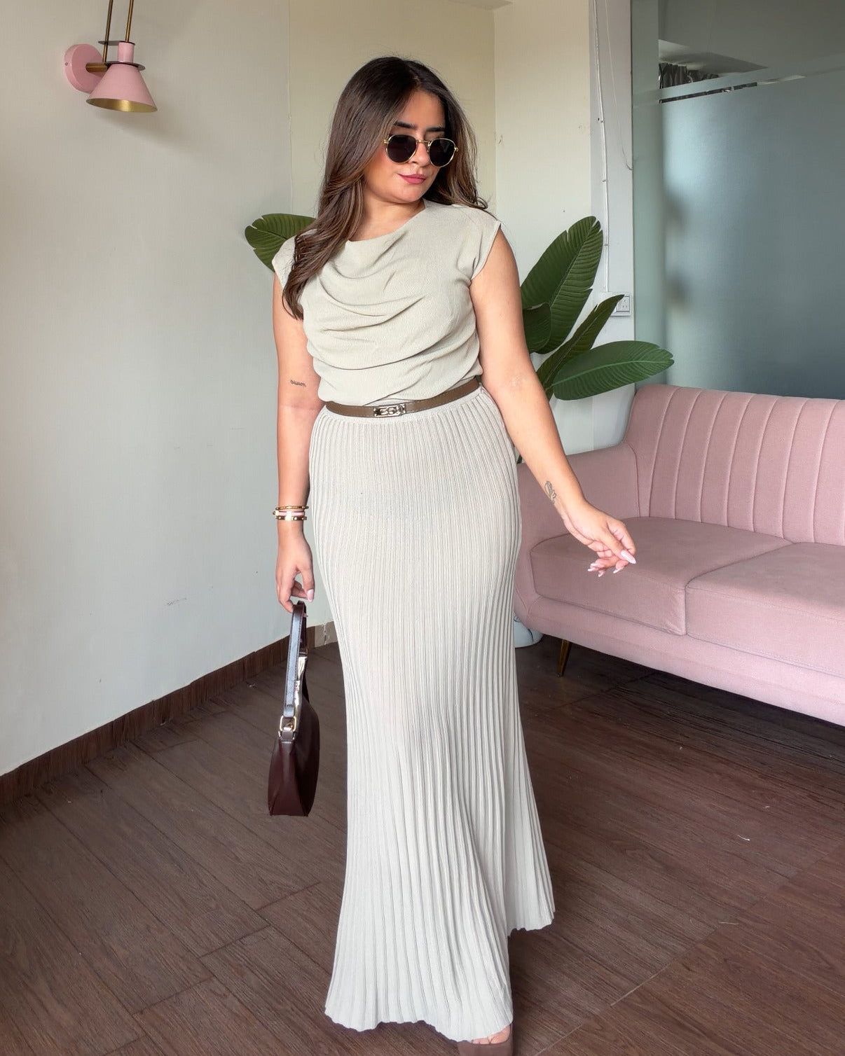 Cowl Neck Top And Pleated Midi Skirt Co-ord Set