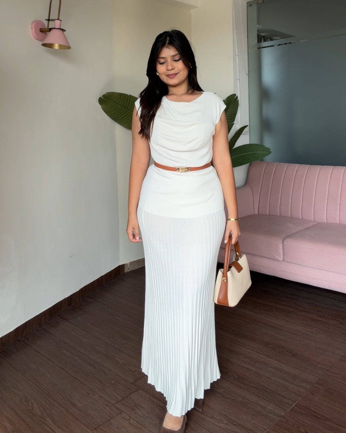 Cowl Neck Top And Pleated Midi Skirt Co-ord Set