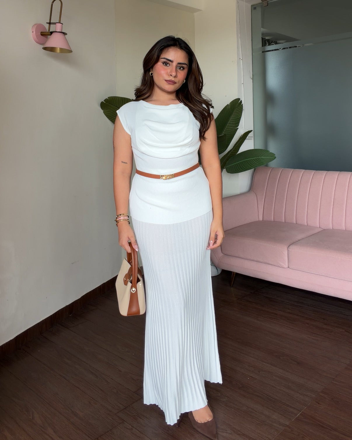 Cowl Neck Top And Pleated Midi Skirt Co-ord Set