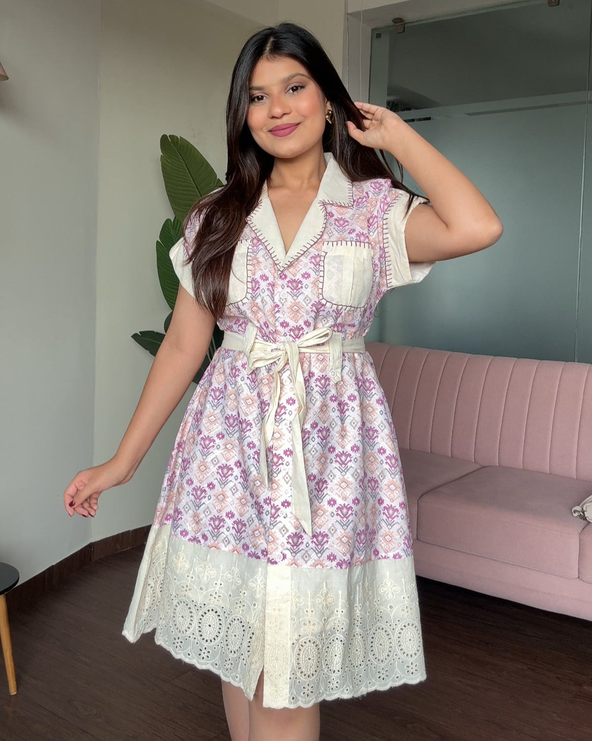 Cream Contrast Detailing Cotton Shirt Dress