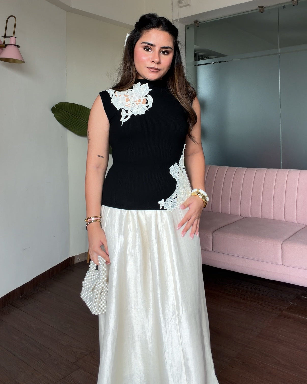 Cream Cut Work Detailing Flared Skirt Co-ord Set