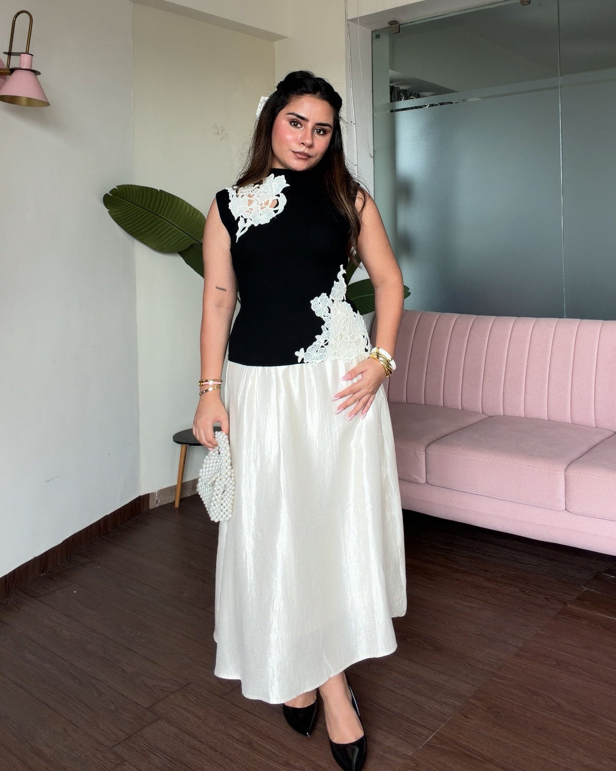 Cream Cut Work Detailing Flared Skirt Co-ord Set
