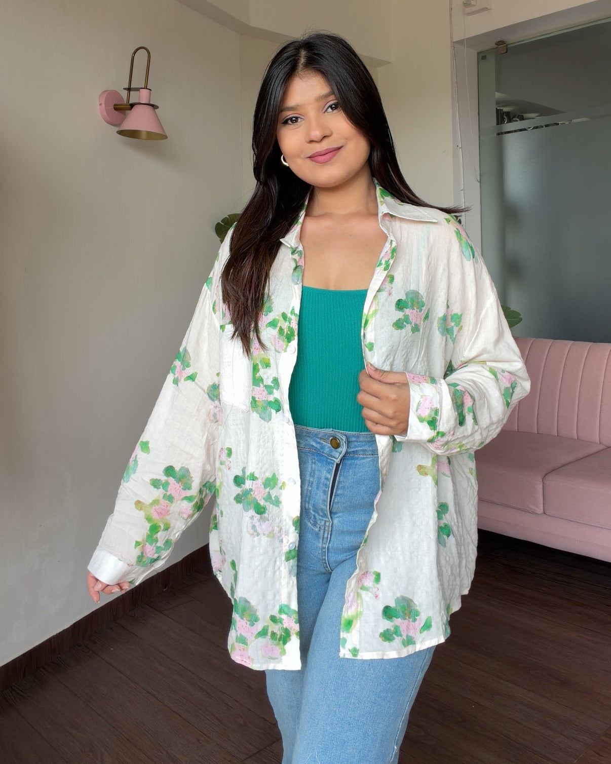 Cream Floral Detailing Summer Relaxed Fit Shirt With Cami Top