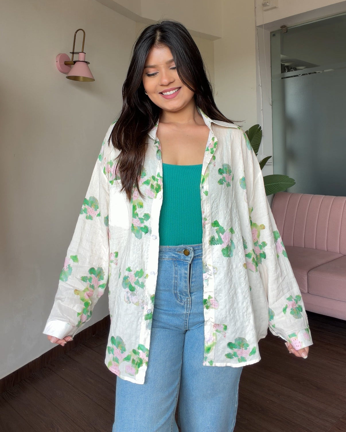 Cream Floral Detailing Summer Relaxed Fit Shirt With Cami Top