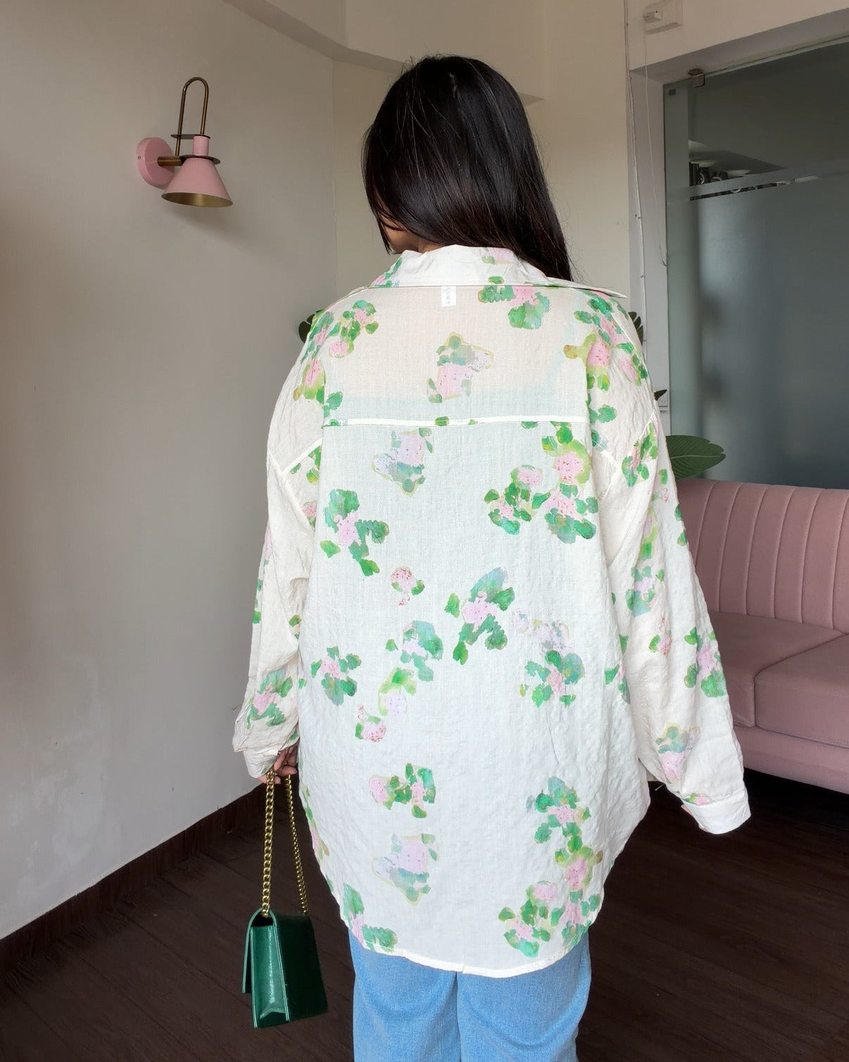 Cream Floral Detailing Summer Relaxed Fit Shirt With Cami Top