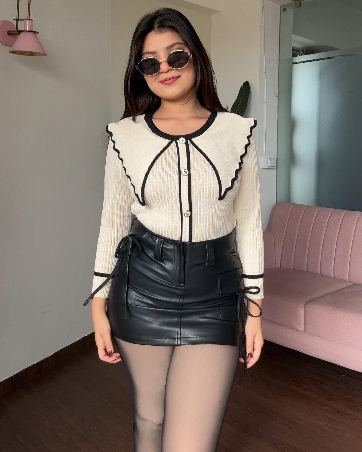 Cream Korean Collared Ribbed Sweater Top