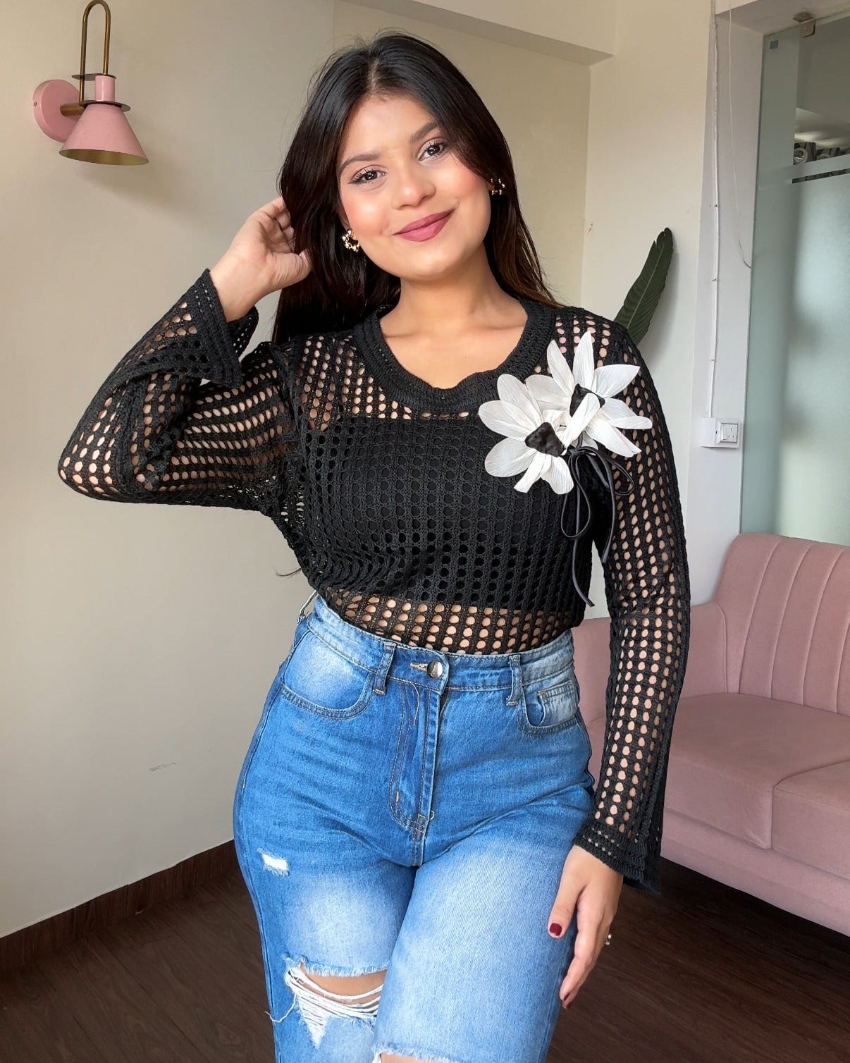 Crochet Full Sleeves Flower Pullover