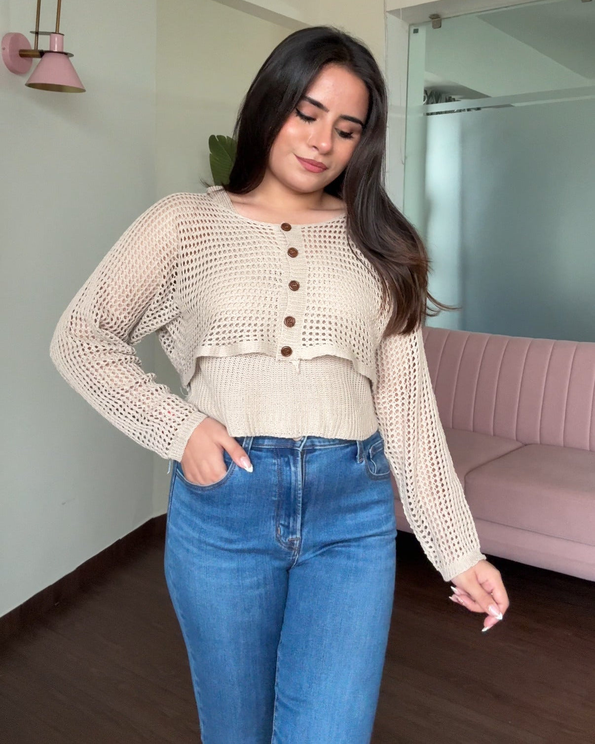 Crochet Relaxed Fit Top With Button Up Bolero