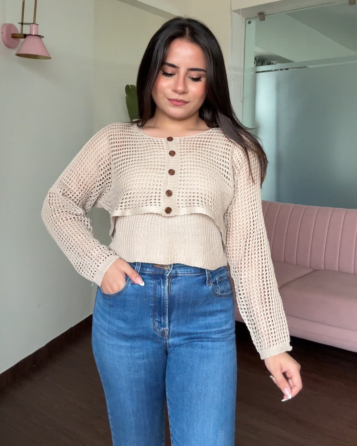 Crochet Relaxed Fit Top With Button Up Bolero