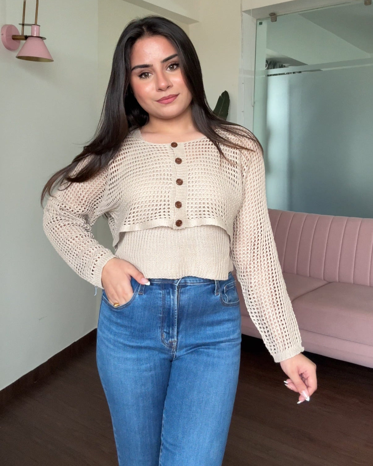 Crochet Relaxed Fit Top With Button Up Bolero