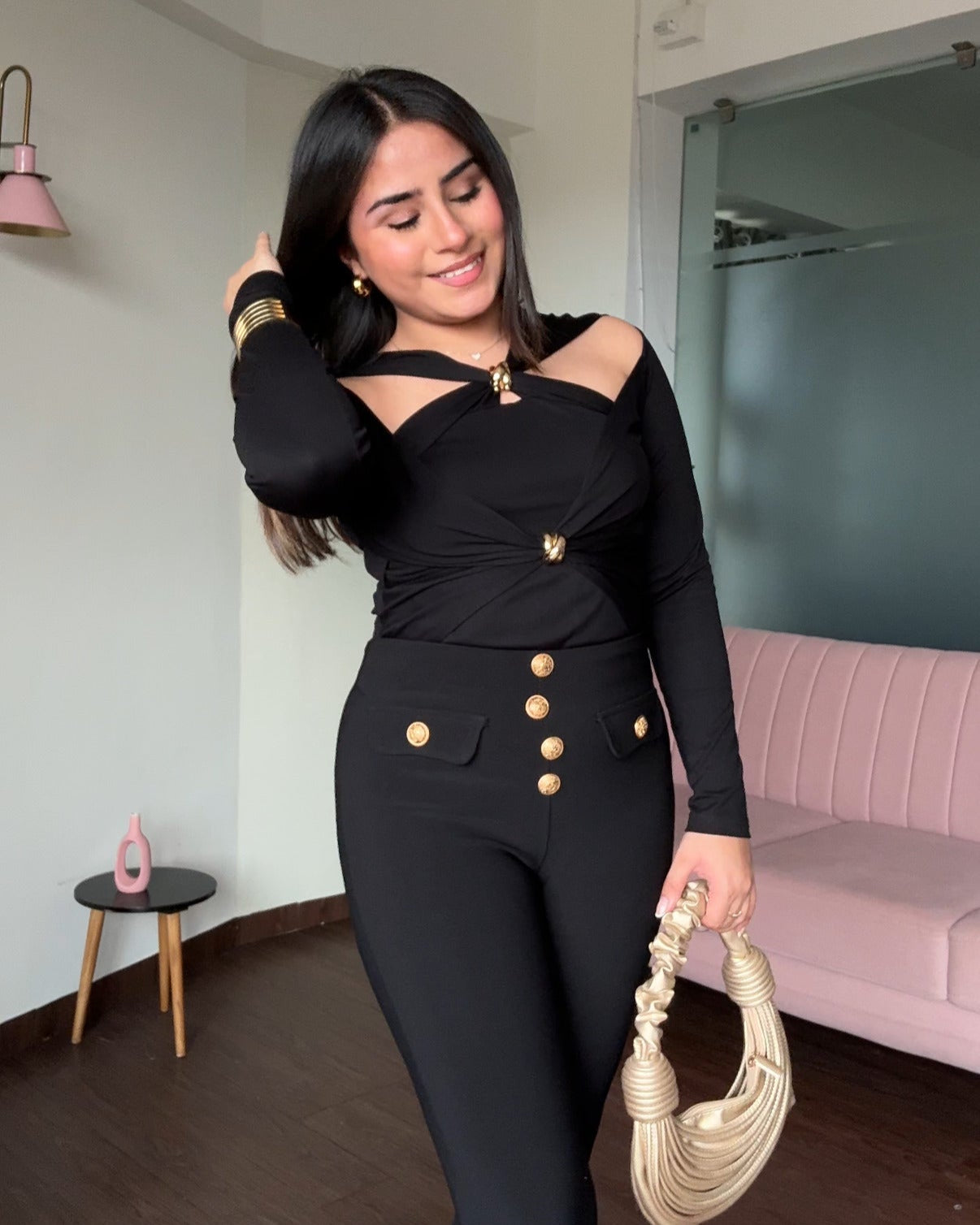 Cut Out Long Sleeves Golden Buckle Detailing Top