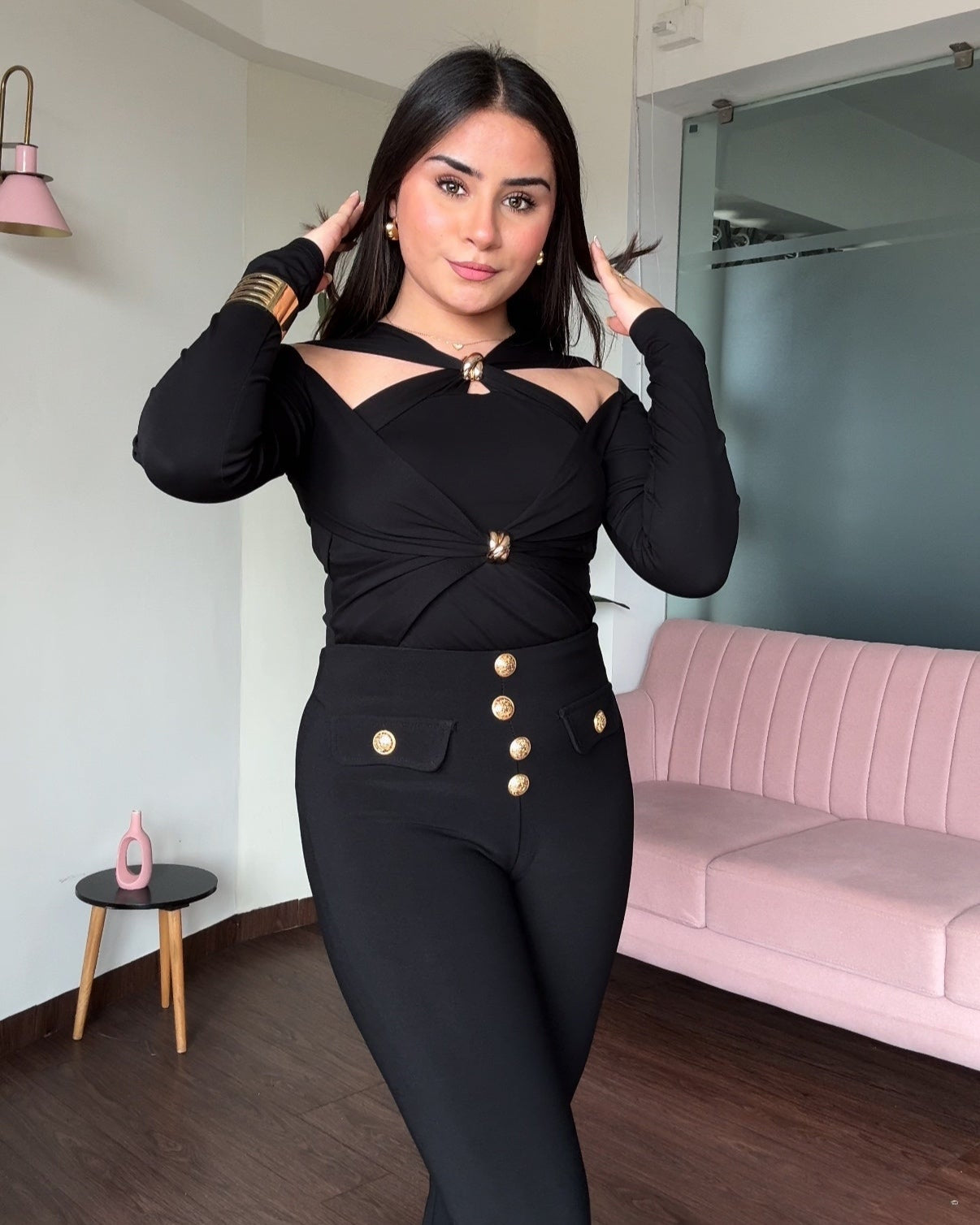 Cut Out Long Sleeves Golden Buckle Detailing Top