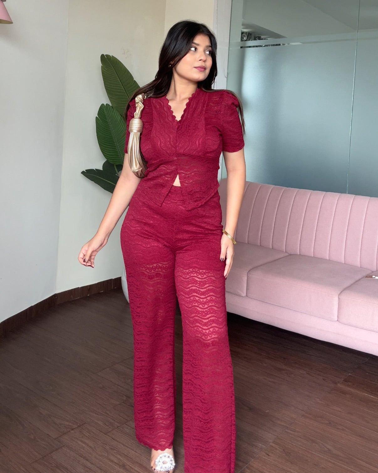 Cut Out V Neck Lacy Co-Ord Set