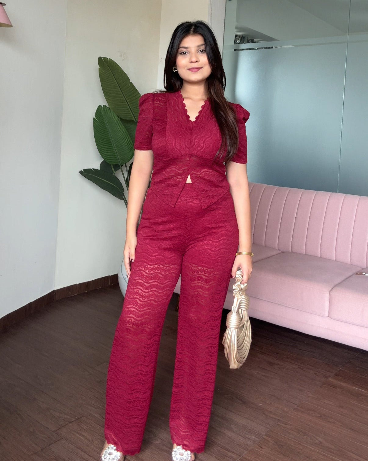 Cut Out V Neck Lacy Co-Ord Set