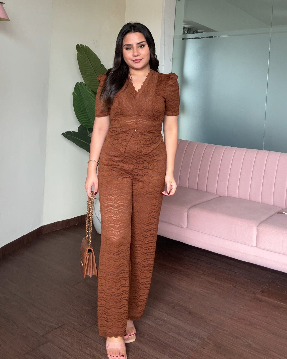 Cut Out V Neck Lacy Co-Ord Set