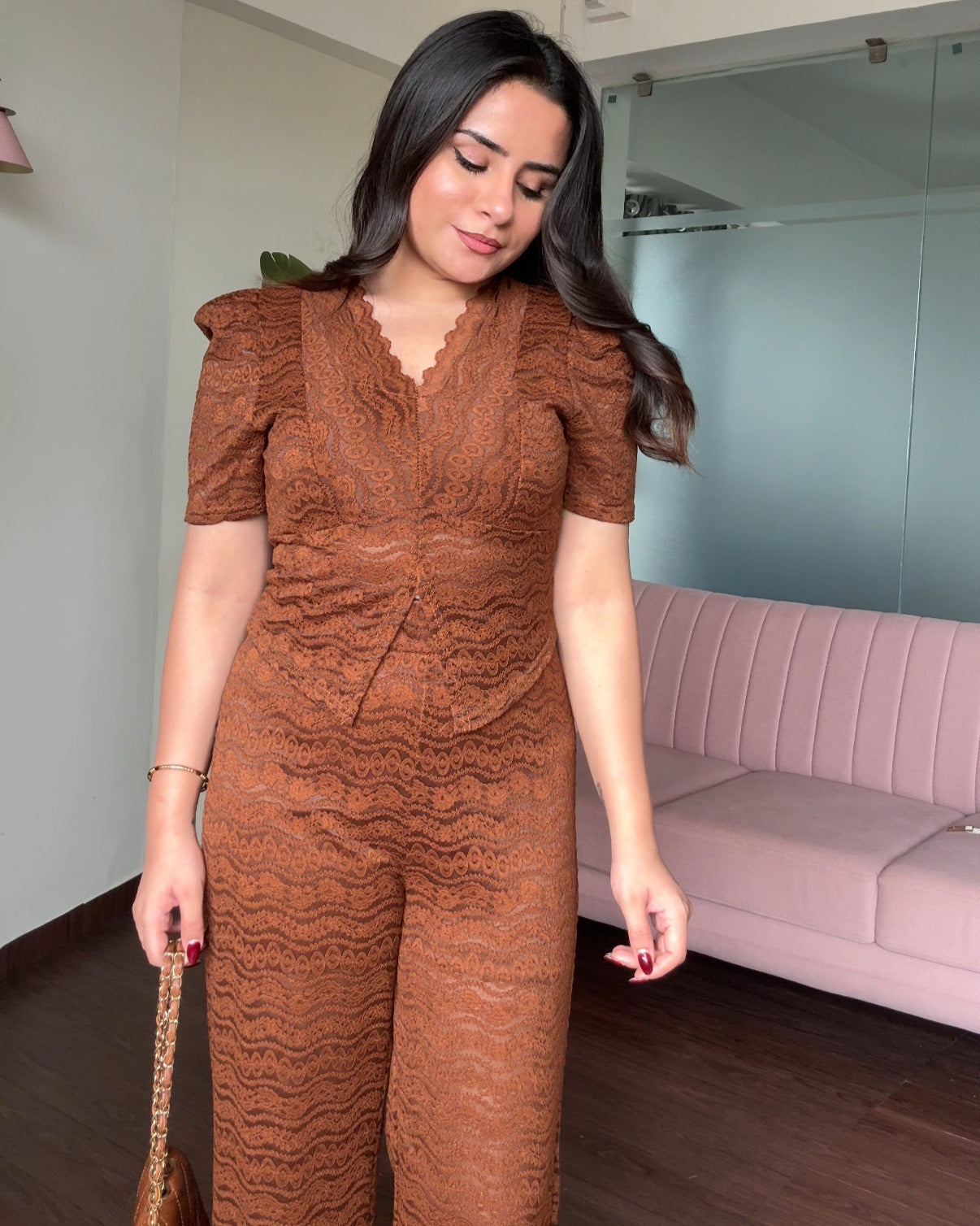 Cut Out V Neck Lacy Co-Ord Set