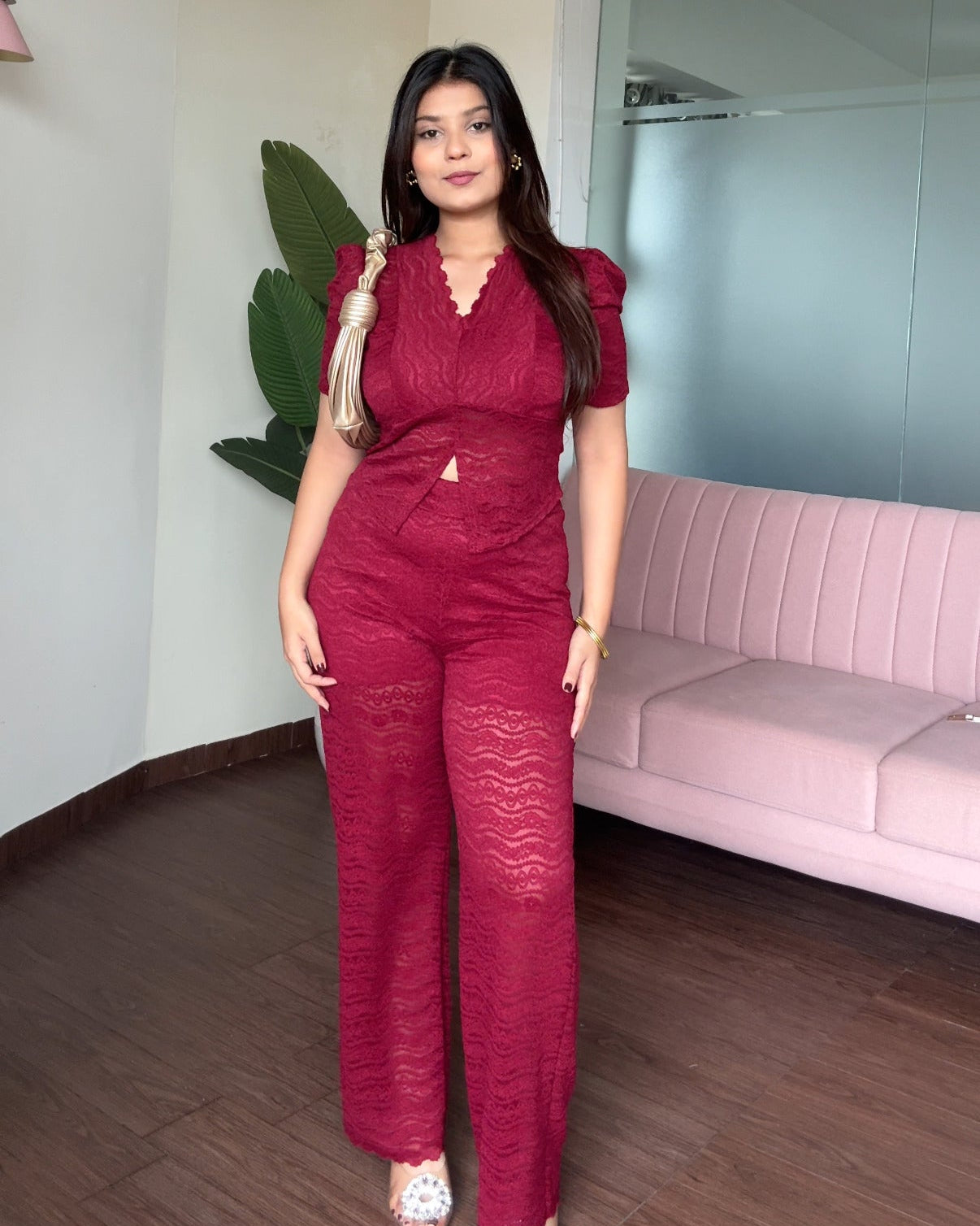 Cut Out V Neck Lacy Co-Ord Set