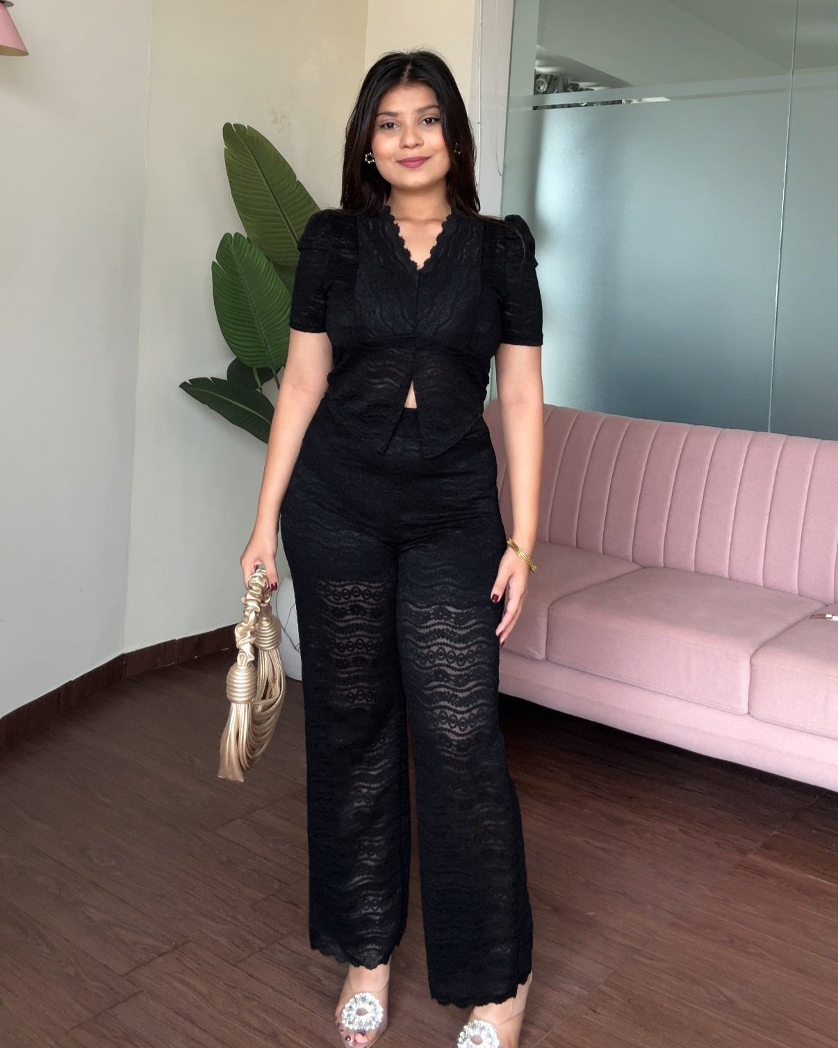 Cut Out V Neck Lacy Co-Ord Set