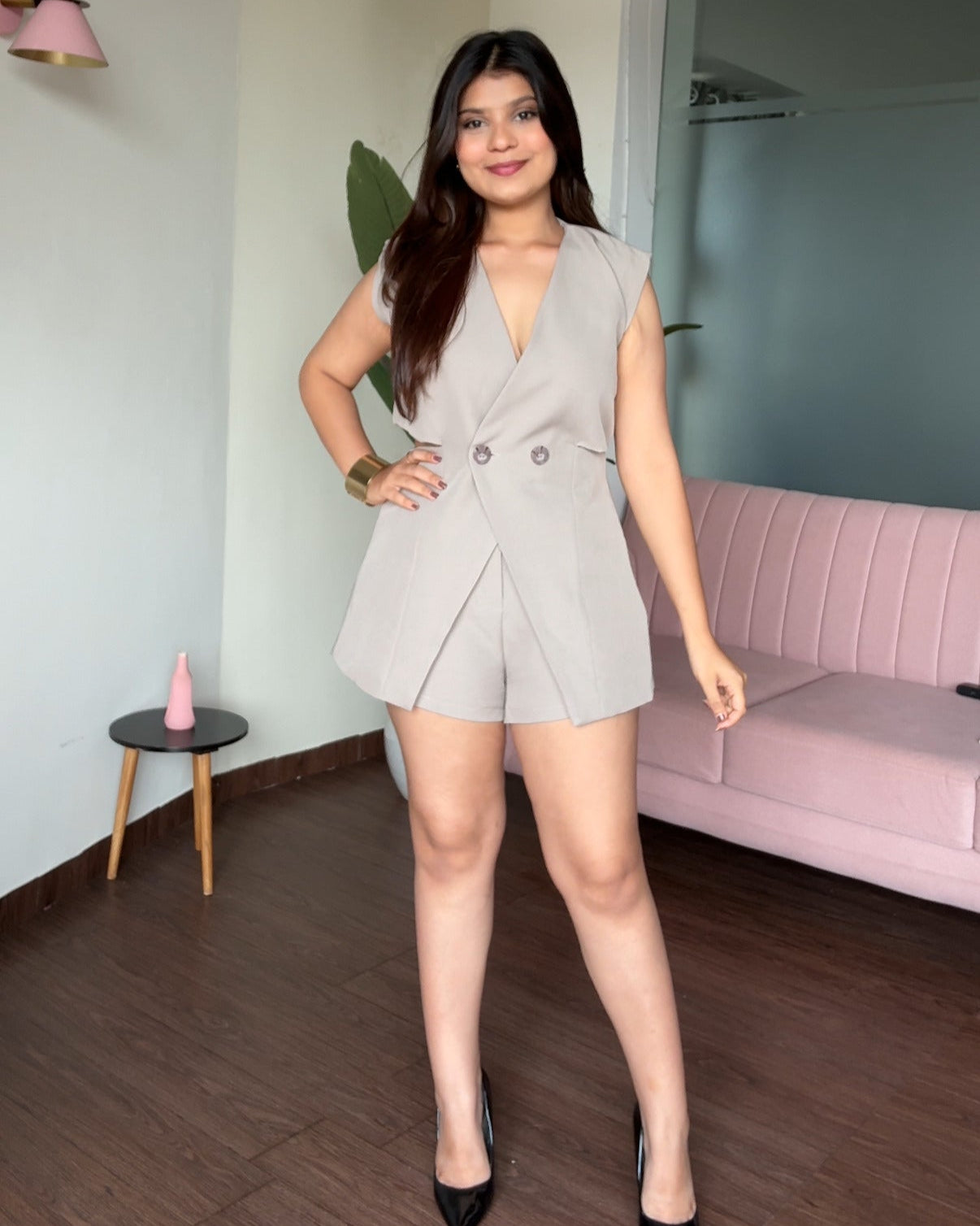 Cut Sleeve Blazer And Shorts Set