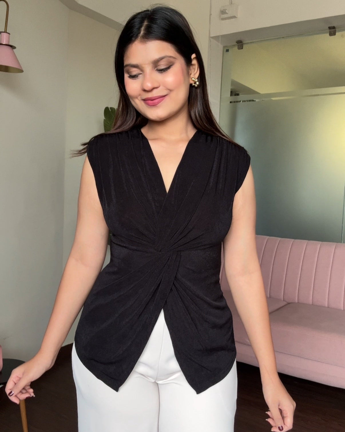 Cut Sleeve Bodycon Knot Detail Top
