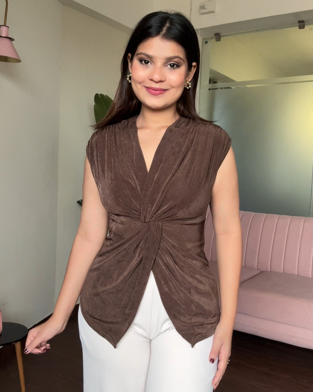 Cut Sleeve Bodycon Knot Detail Top