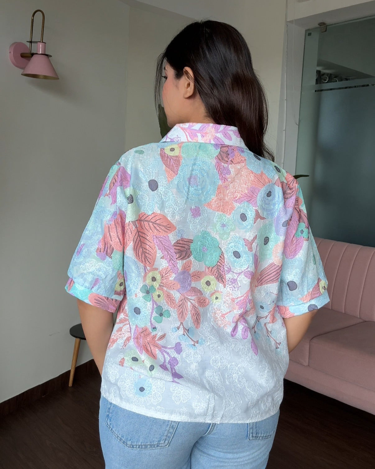 Cut Sleeve Floral Detailing Collared Summer Shirt