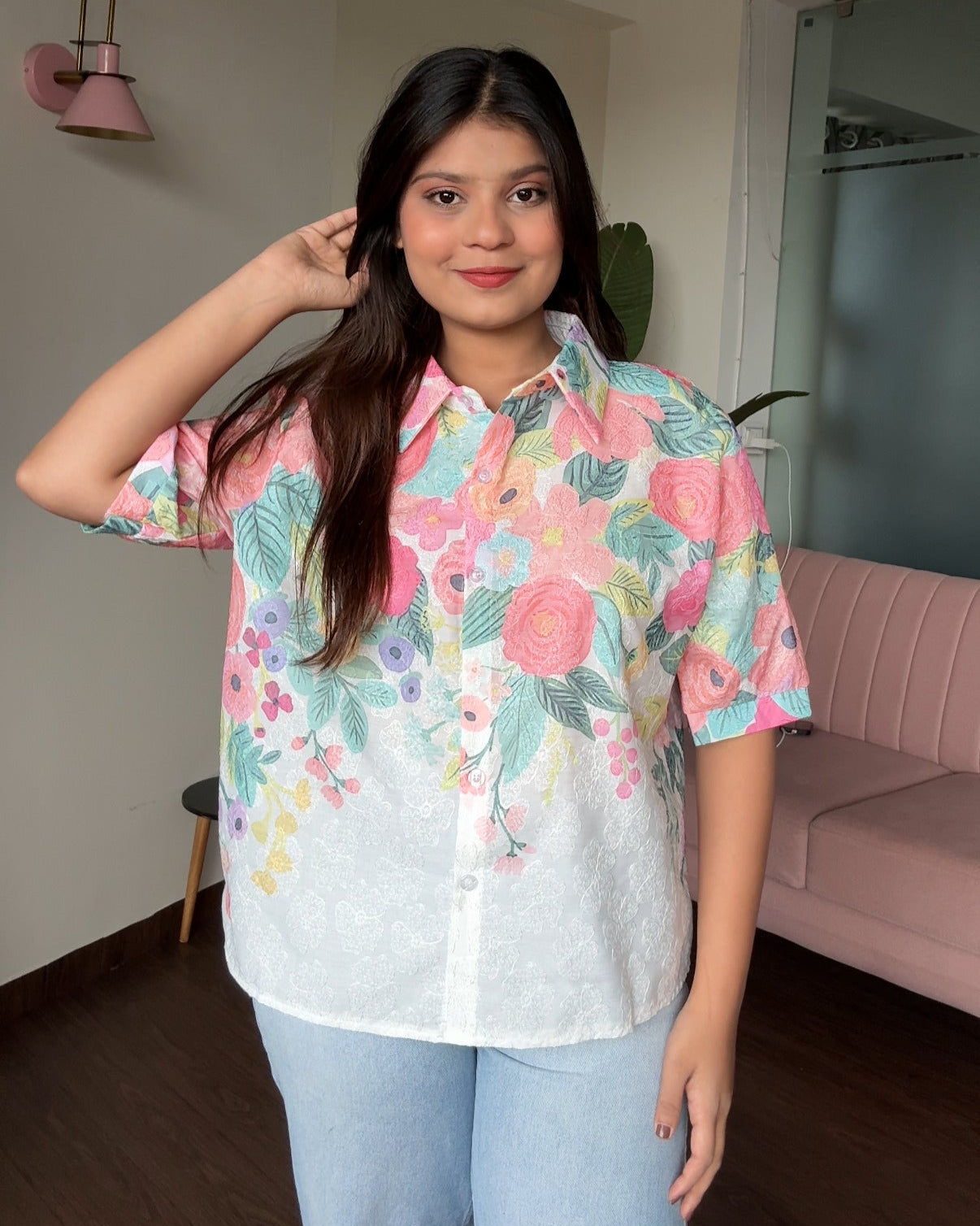 Cut Sleeve Floral Detailing Collared Summer Shirt