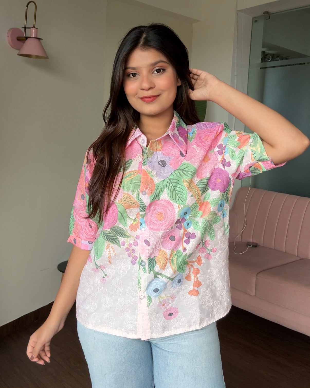 Cut Sleeve Floral Detailing Collared Summer Shirt