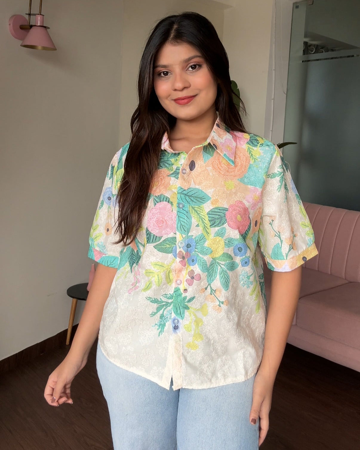 Cut Sleeve Floral Detailing Collared Summer Shirt