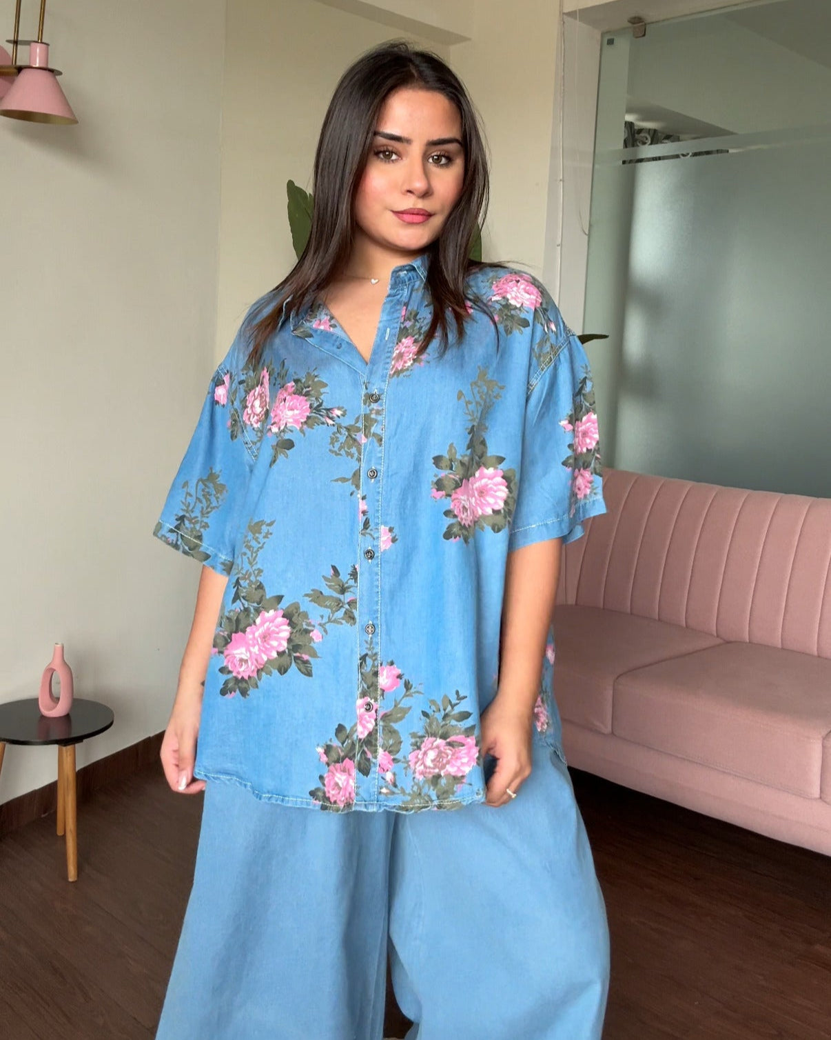 Cut Sleeve Light Weight Rose Printed Denim Shirt