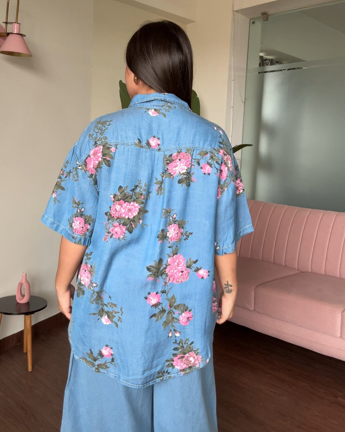 Cut Sleeve Light Weight Rose Printed Denim Shirt