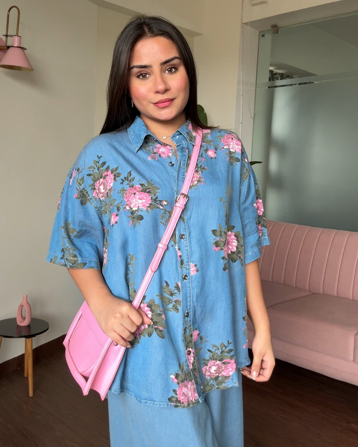 Cut Sleeve Light Weight Rose Printed Denim Shirt