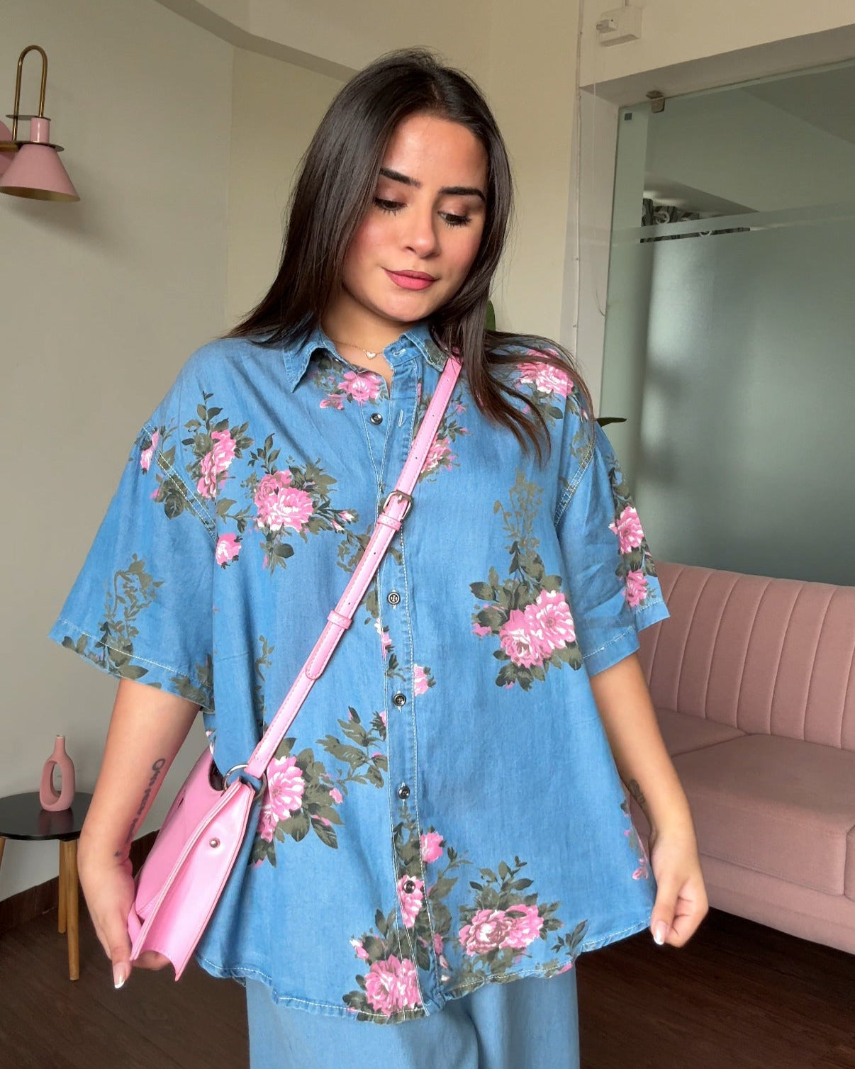 Cut Sleeve Light Weight Rose Printed Denim Shirt