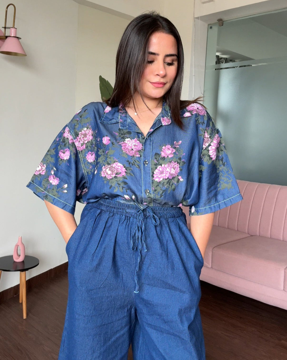 Cut Sleeve Light Weight Rose Printed Denim Shirt