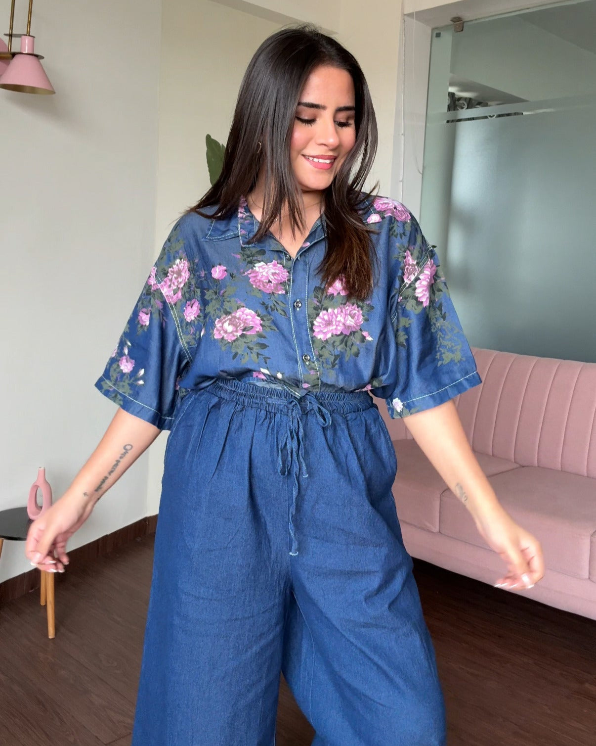 Cut Sleeve Light Weight Rose Printed Denim Shirt