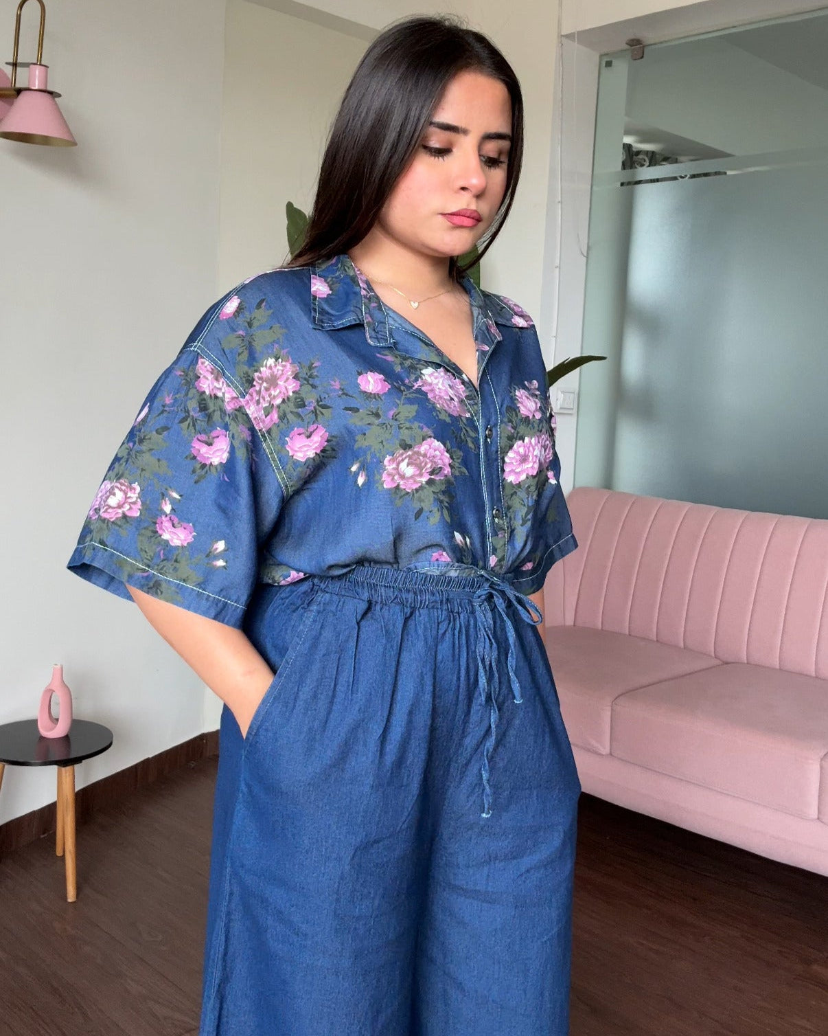 Cut Sleeve Light Weight Rose Printed Denim Shirt