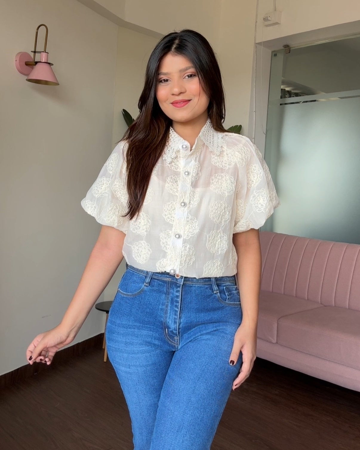 Organza Cut Sleeve Puff Sleeve Embroidered Top