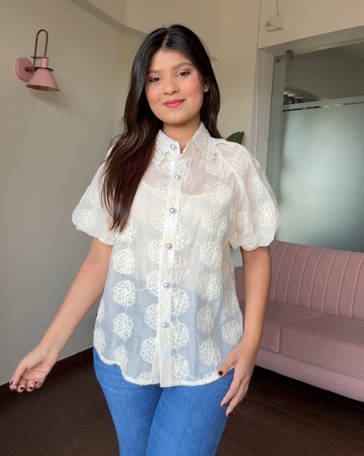Organza Cut Sleeve Puff Sleeve Embroidered Top