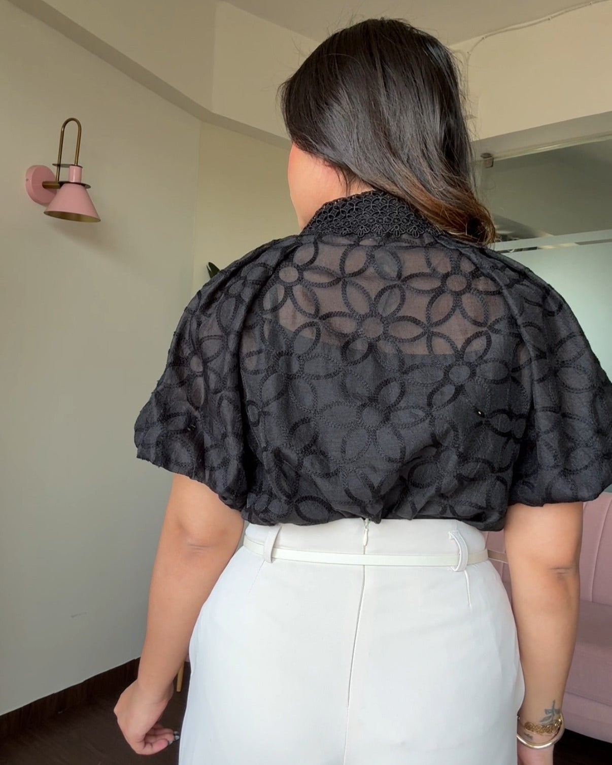Organza Cut Sleeve Puff Sleeve Embroidered Top