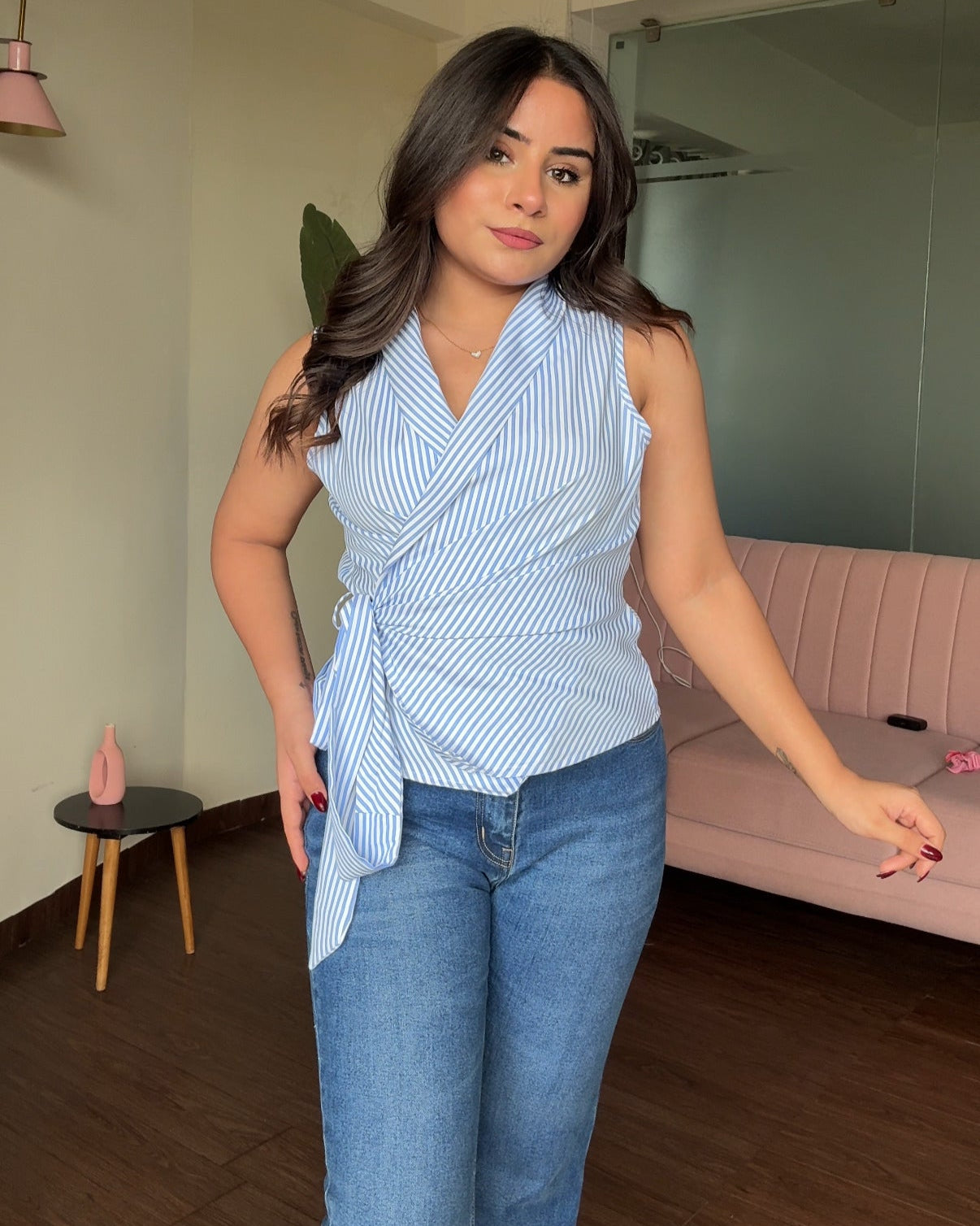 Cut Sleeve Striped Wrap Up Top