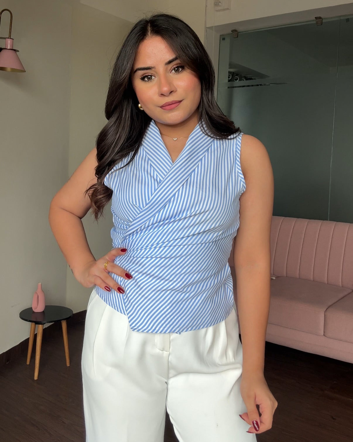 Cut Sleeve Striped Wrap Up Top