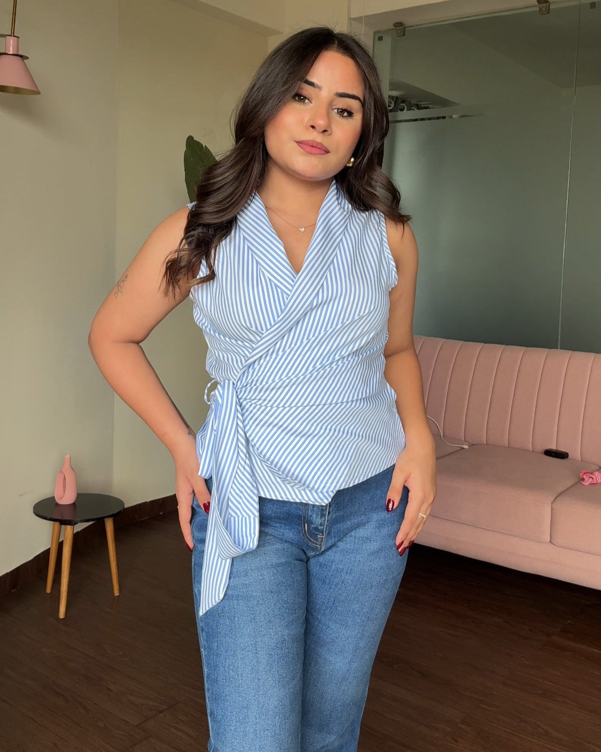 Cut Sleeve Striped Wrap Up Top