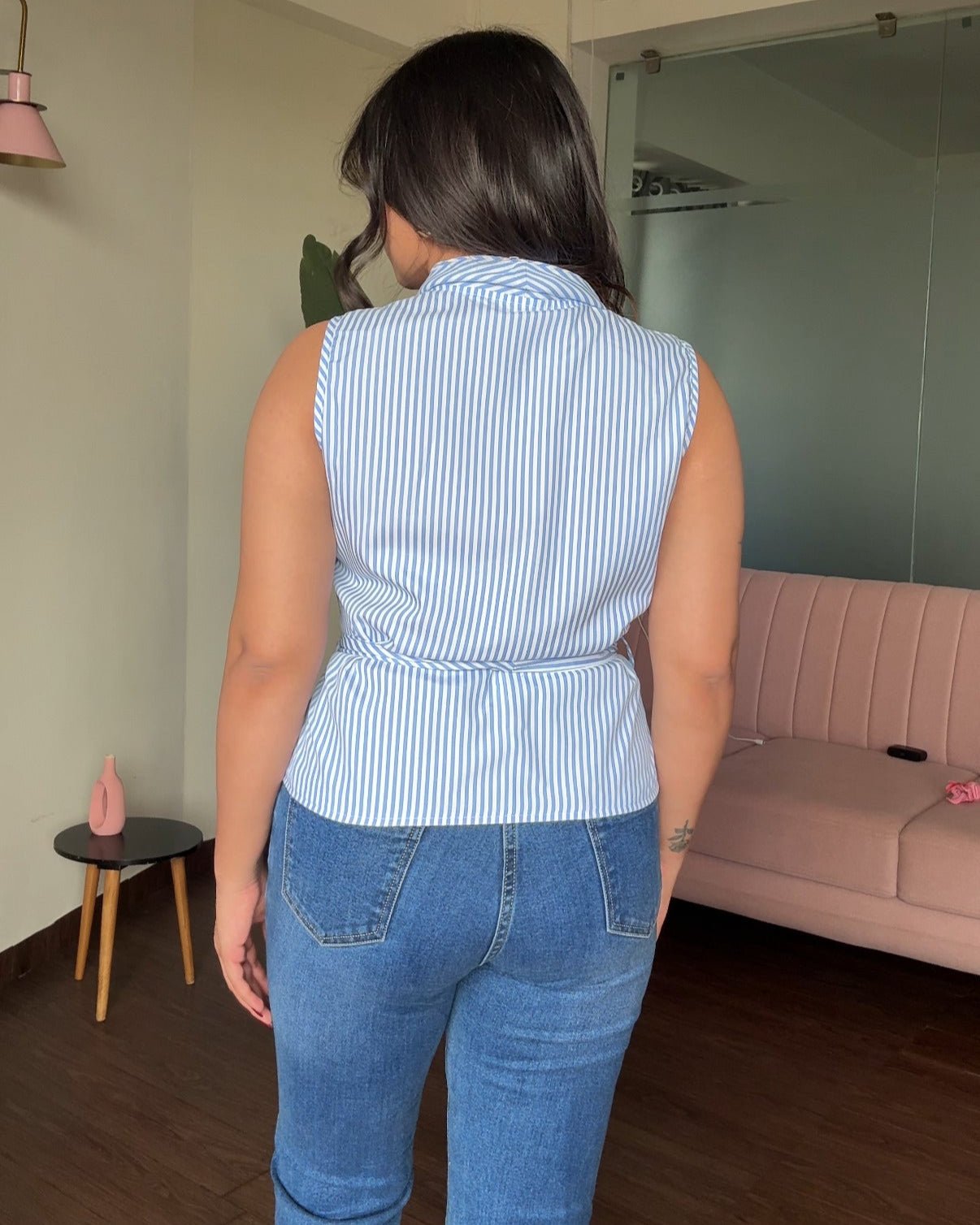 Cut Sleeve Striped Wrap Up Top