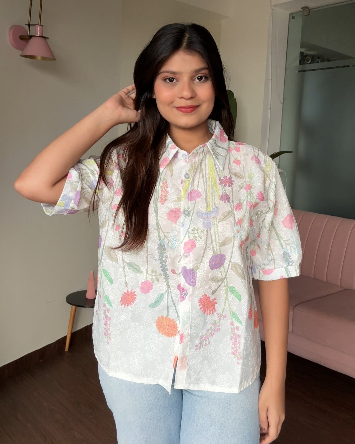 Cut Sleeves Minimal Embroidery Floral Detailing Button Up Shirt